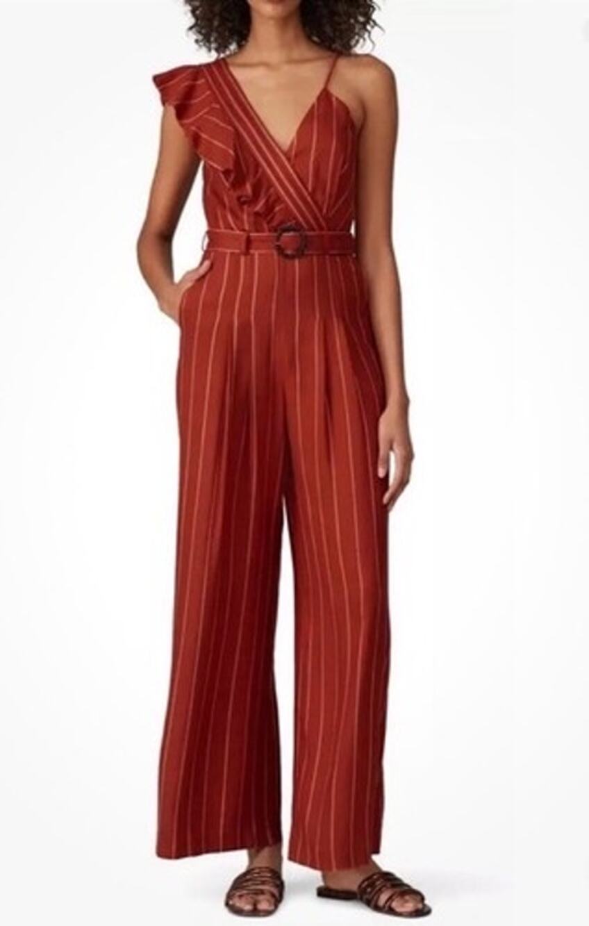 Three Floor Women Margaux Jumpsuit Rust Orange Belted V Neck Ruffle Size 4 Small